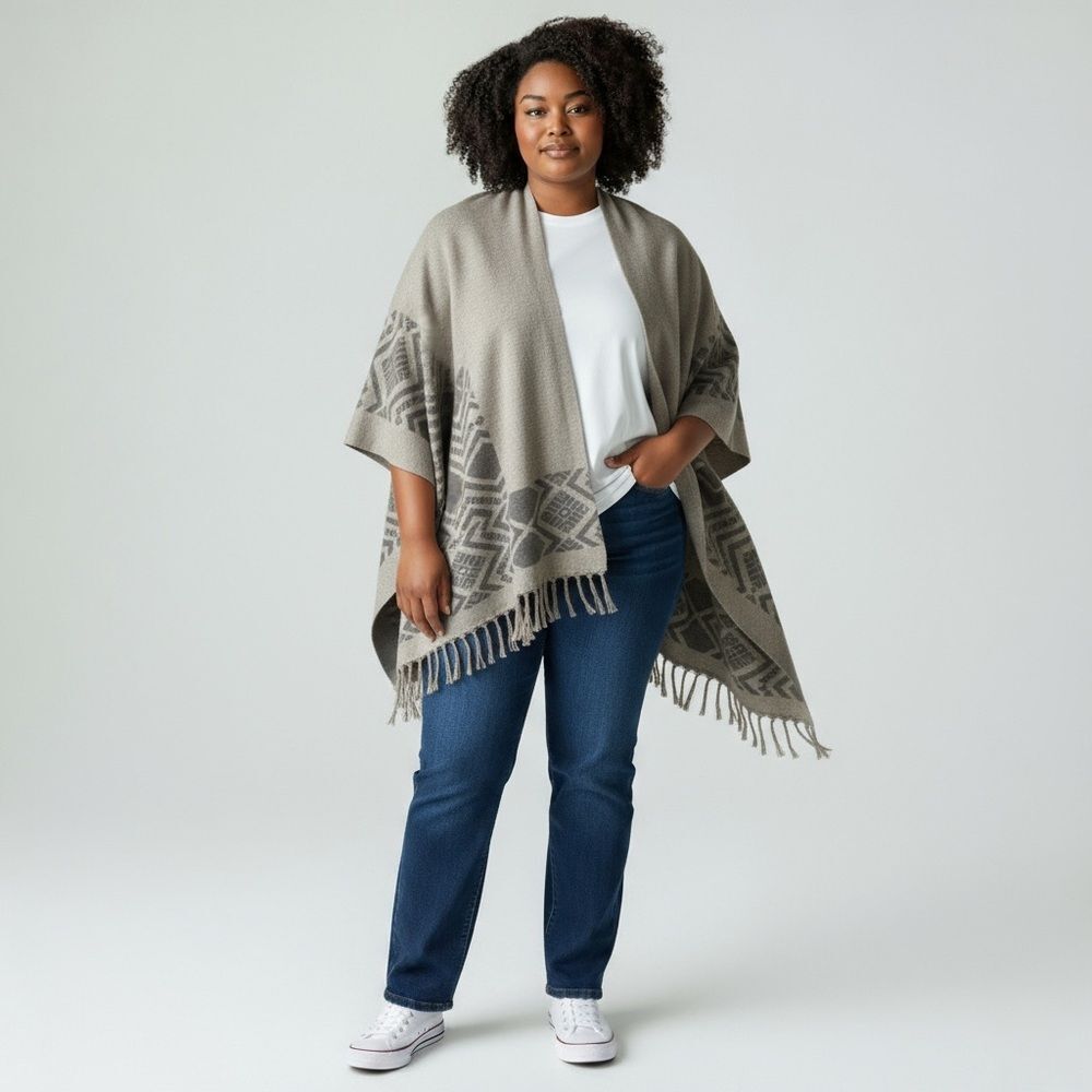 Farrow Tan Aztec Print Blanket Wrap Poncho,‎ OS